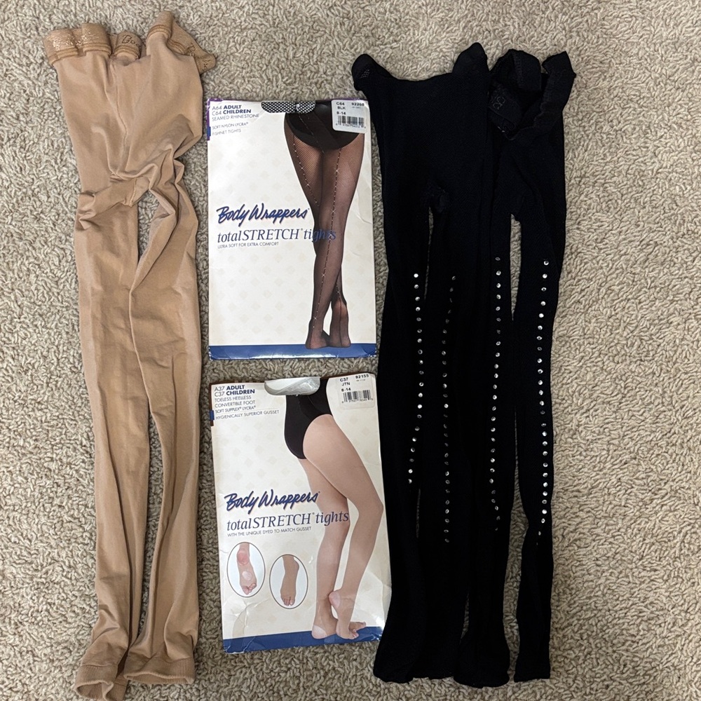 5 pairs TotalSTRETCH Tights sz 8-14 (M/L) 3 Black rhinestone Fishnet & 2 Tan
